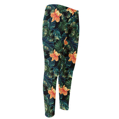 Tropical Leaf And Hawaiian Flower Print Men's Compression Pants