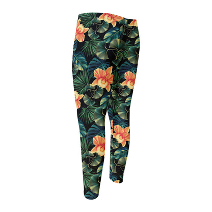 Tropical Leaf And Hawaiian Flower Print Men's Compression Pants