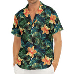 Tropical Leaf And Hawaiian Flower Print Men's Deep V-Neck Shirt