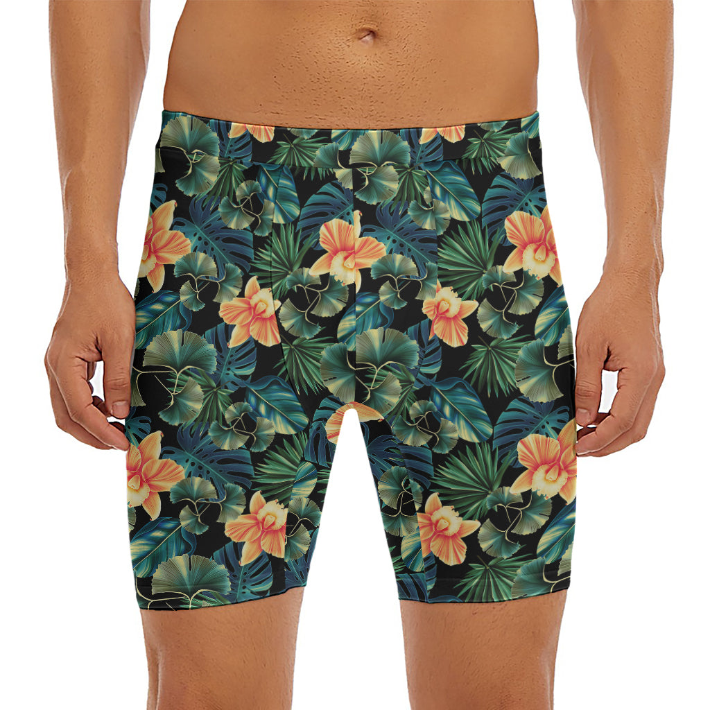 Tropical Leaf And Hawaiian Flower Print Men's Long Boxer Briefs
