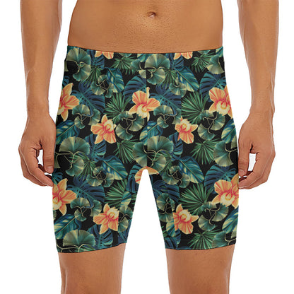 Tropical Leaf And Hawaiian Flower Print Men's Long Boxer Briefs