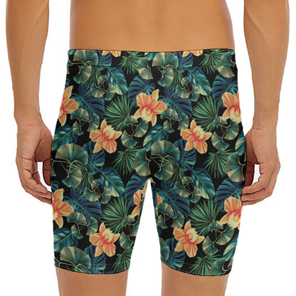 Tropical Leaf And Hawaiian Flower Print Men's Long Boxer Briefs