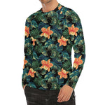 Tropical Leaf And Hawaiian Flower Print Men's Long Sleeve Rash Guard
