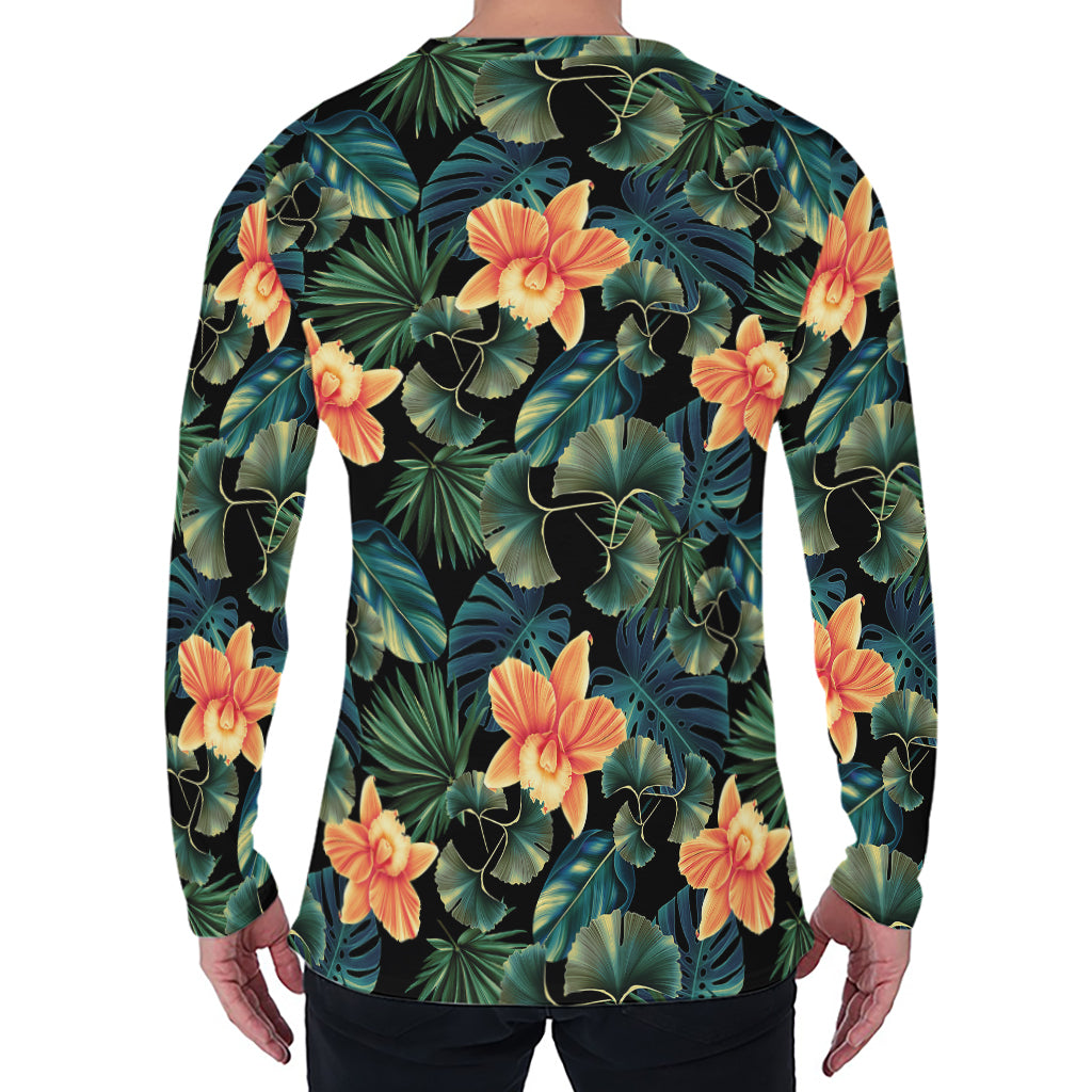 Tropical Leaf And Hawaiian Flower Print Men's Long Sleeve T-Shirt