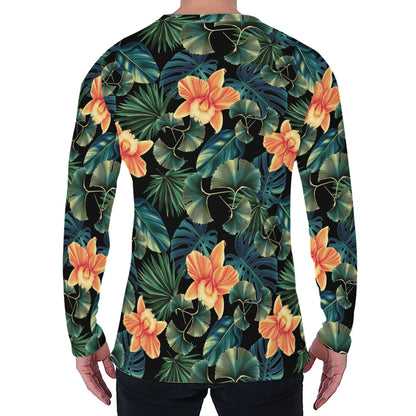 Tropical Leaf And Hawaiian Flower Print Men's Long Sleeve T-Shirt