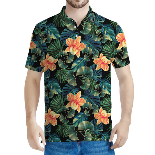 Tropical Leaf And Hawaiian Flower Print Men's Polo Shirt