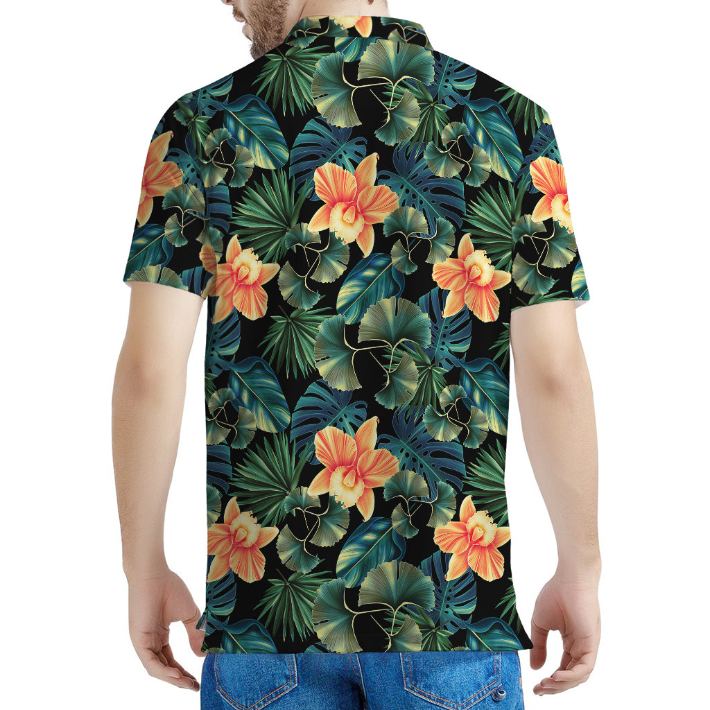 Tropical Leaf And Hawaiian Flower Print Men's Polo Shirt