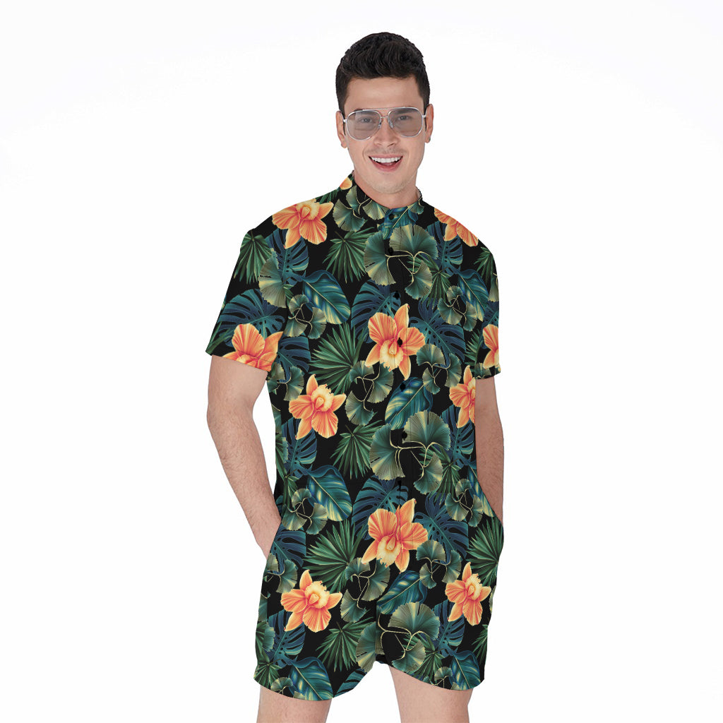 Tropical Leaf And Hawaiian Flower Print Men's Rompers