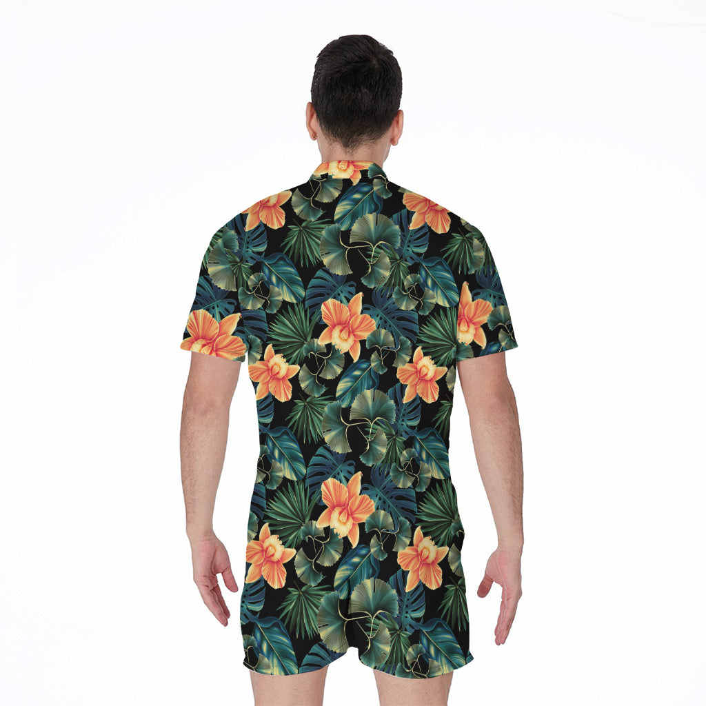 Tropical Leaf And Hawaiian Flower Print Men's Rompers