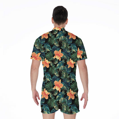 Tropical Leaf And Hawaiian Flower Print Men's Rompers