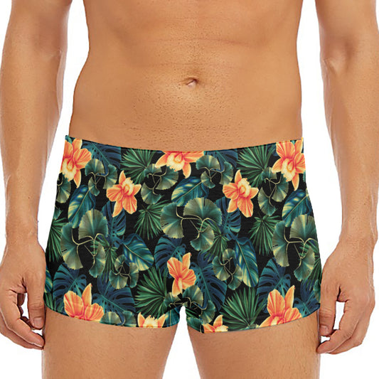 Tropical Leaf And Hawaiian Flower Print Men's Short Boxer Briefs