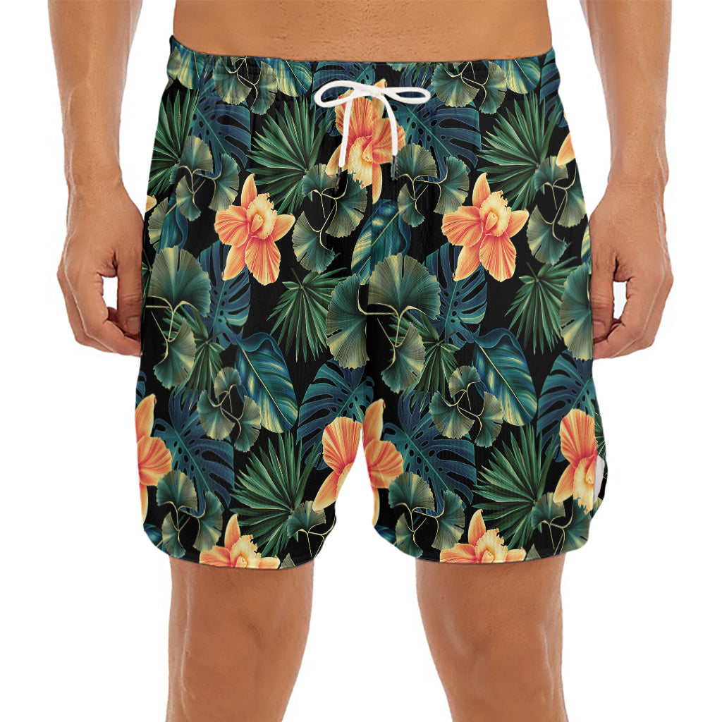 Tropical Leaf And Hawaiian Flower Print Men's Split Running Shorts