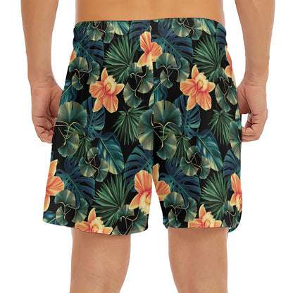 Tropical Leaf And Hawaiian Flower Print Men's Split Running Shorts
