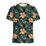 Tropical Leaf And Hawaiian Flower Print Men's Sports T-Shirt