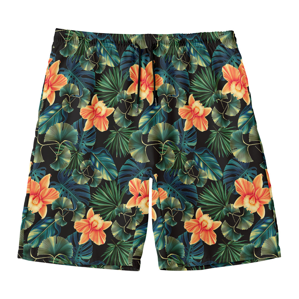 Tropical Leaf And Hawaiian Flower Print Men's Swim Trunks