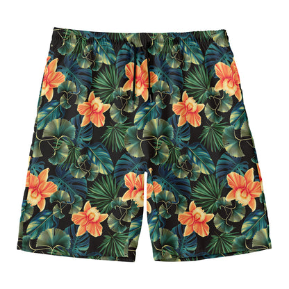 Tropical Leaf And Hawaiian Flower Print Men's Swim Trunks