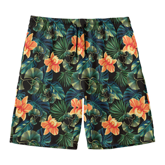 Tropical Leaf And Hawaiian Flower Print Men's Swim Trunks