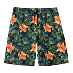 Tropical Leaf And Hawaiian Flower Print Men's Swim Trunks