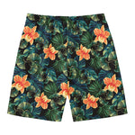 Tropical Leaf And Hawaiian Flower Print Men's Swim Trunks