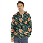 Tropical Leaf And Hawaiian Flower Print Men's Velvet Pullover Hoodie