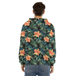 Tropical Leaf And Hawaiian Flower Print Men's Velvet Pullover Hoodie