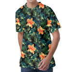 Tropical Leaf And Hawaiian Flower Print Men's Velvet T-Shirt