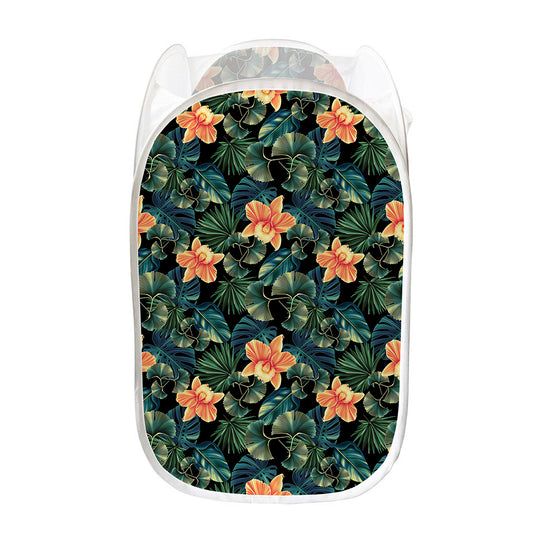 Tropical Leaf And Hawaiian Flower Print Mesh Laundry Hamper