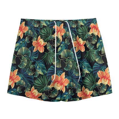 Tropical Leaf And Hawaiian Flower Print Mesh Shorts