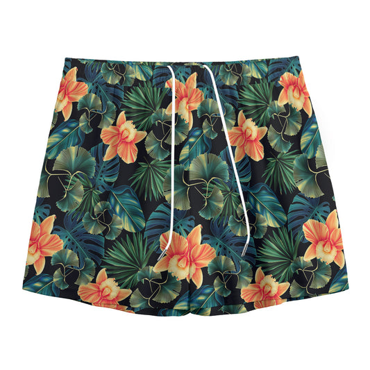 Tropical Leaf And Hawaiian Flower Print Mesh Shorts