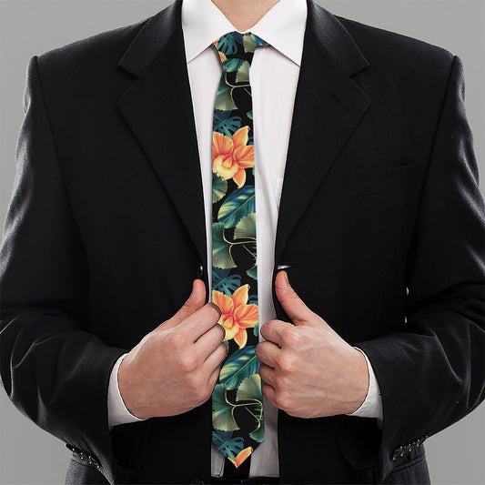 Tropical Leaf And Hawaiian Flower Print Necktie