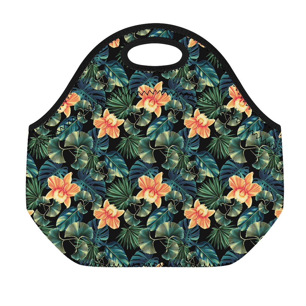 Tropical Leaf And Hawaiian Flower Print Neoprene Lunch Bag