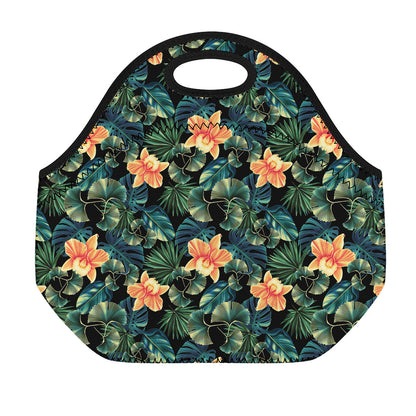 Tropical Leaf And Hawaiian Flower Print Neoprene Lunch Bag