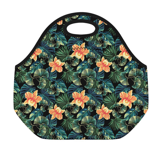 Tropical Leaf And Hawaiian Flower Print Neoprene Lunch Bag