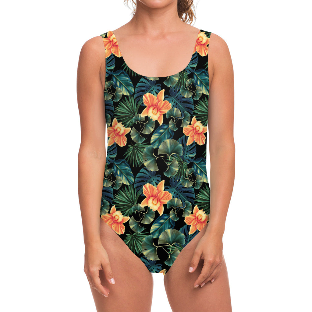 Tropical Leaf And Hawaiian Flower Print One Piece Swimsuit