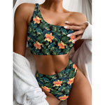 Tropical Leaf And Hawaiian Flower Print One Shoulder Bikini Top