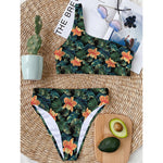 Tropical Leaf And Hawaiian Flower Print One Shoulder Bikini Top