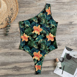 Tropical Leaf And Hawaiian Flower Print One Shoulder Bodysuit