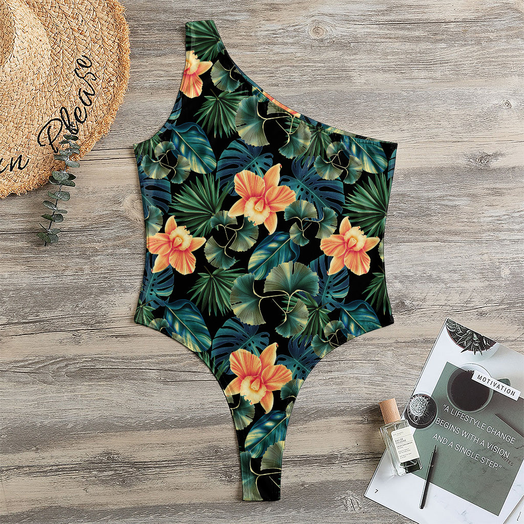 Tropical Leaf And Hawaiian Flower Print One Shoulder Bodysuit