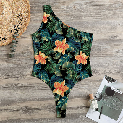 Tropical Leaf And Hawaiian Flower Print One Shoulder Bodysuit