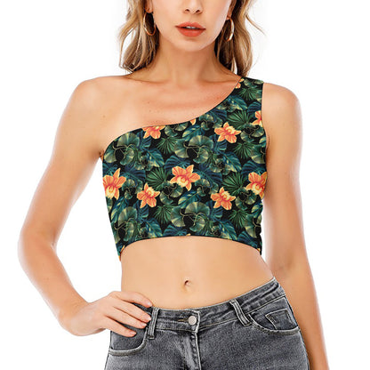 Tropical Leaf And Hawaiian Flower Print One Shoulder Crop Top