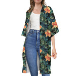 Tropical Leaf And Hawaiian Flower Print Open Front Beach Cover Up