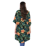 Tropical Leaf And Hawaiian Flower Print Open Front Beach Cover Up