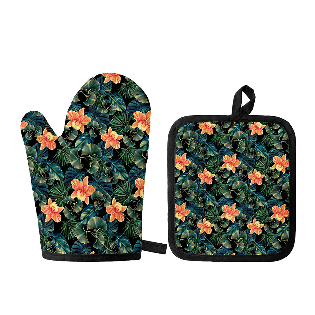 Tropical Leaf And Hawaiian Flower Print Oven Mitt And Pot Holder Set