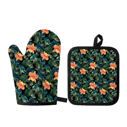Tropical Leaf And Hawaiian Flower Print Oven Mitt And Pot Holder Set
