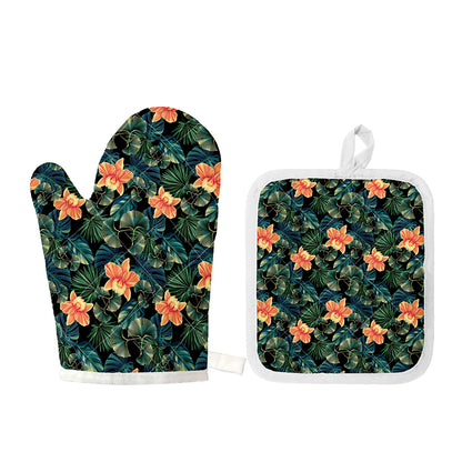 Tropical Leaf And Hawaiian Flower Print Oven Mitt And Pot Holder Set