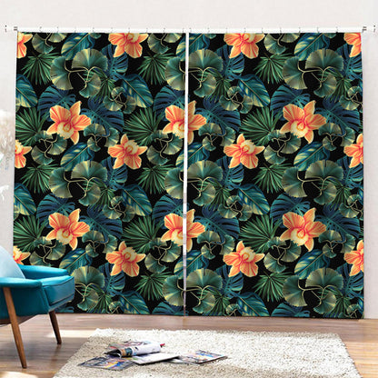 Tropical Leaf And Hawaiian Flower Print Pencil Pleat Curtains