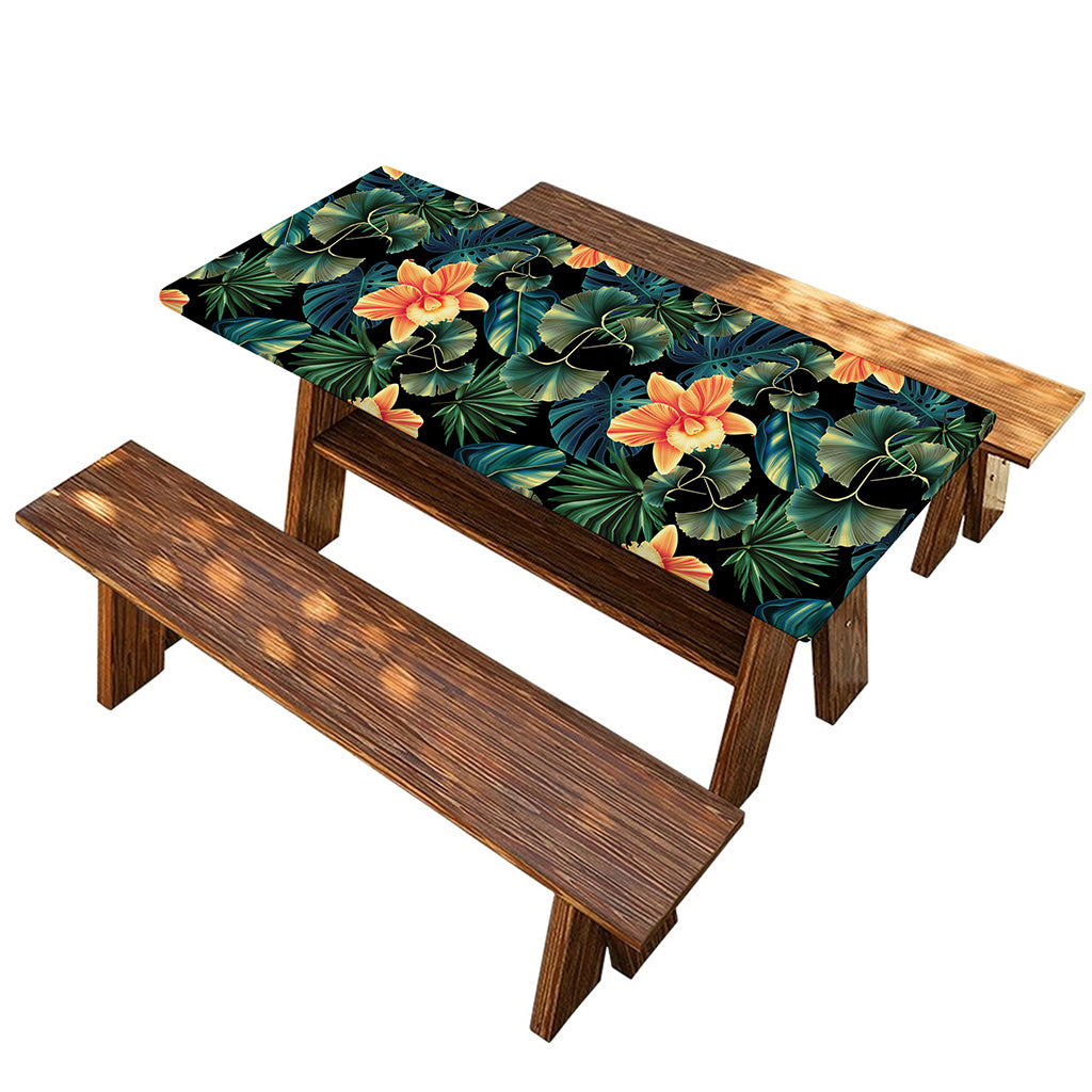 Tropical Leaf And Hawaiian Flower Print Picnic Table Cover