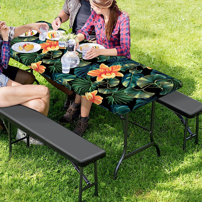 Tropical Leaf And Hawaiian Flower Print Picnic Table Cover