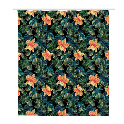 Tropical Leaf And Hawaiian Flower Print Polyester Shower Curtain