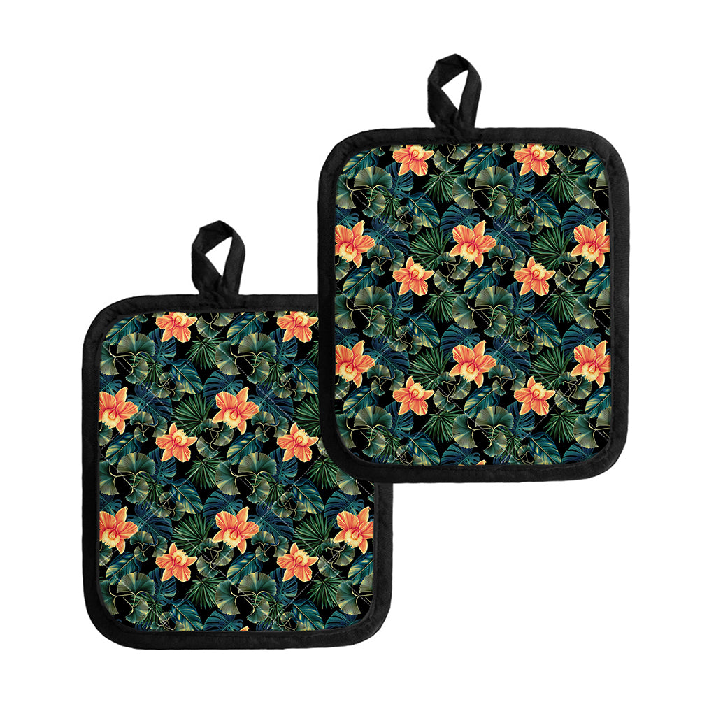 Tropical Leaf And Hawaiian Flower Print Pot Holders